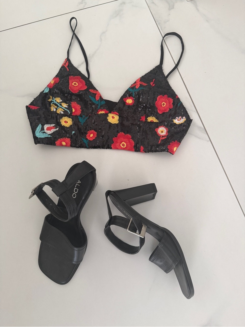 Aldo Black Leather Strap Heels plus Sequins Top
